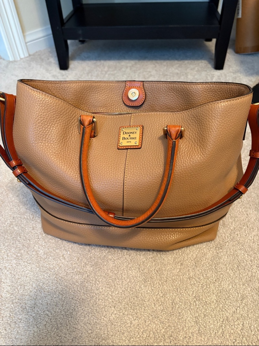 Dooney & Bourke Tan Pebbled Leather Tote with Cognac Handles